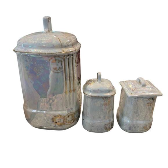 Antique Lusterware Canisters w/ Lid Germany Kitchen Barley Allspice Nutmeg Spice - Picture 11 of 13